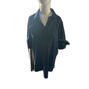 Chico's Women's Top Button Down Hidden Buttons Sz 2 Bow Accent Sleeve Navy